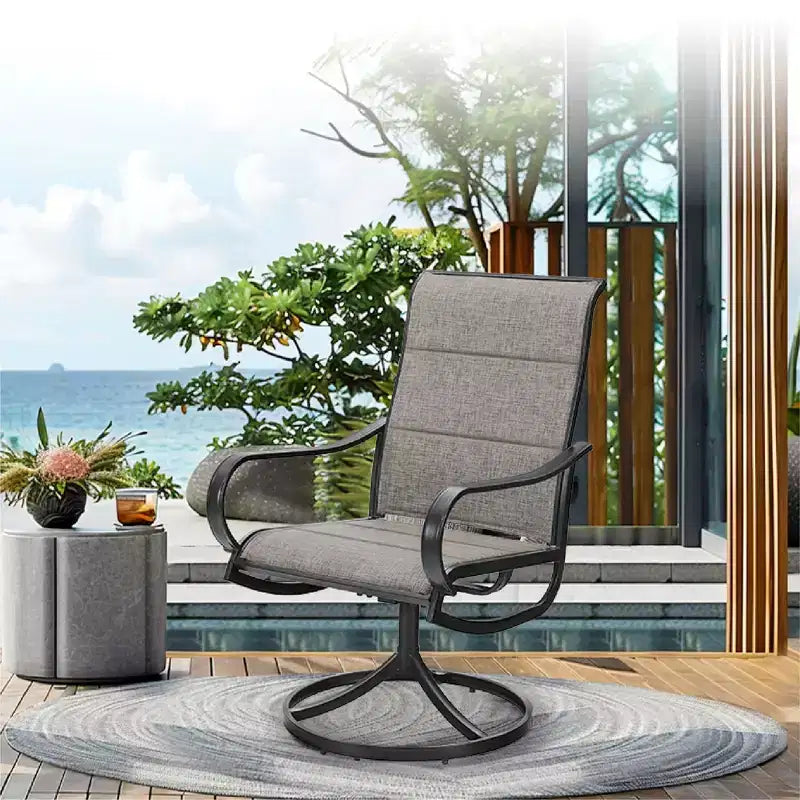 Table et chaises de salle à manger rondes d'extérieur Captiva Designs 5 pièces en acier avec plateau à lattes noires et chaises en toile tendue à structure en acier