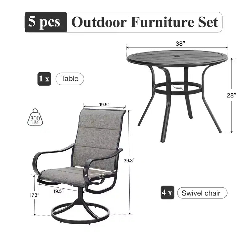 Table et chaises de salle à manger rondes d'extérieur Captiva Designs 5 pièces en acier avec plateau à lattes noires et chaises en toile tendue à structure en acier