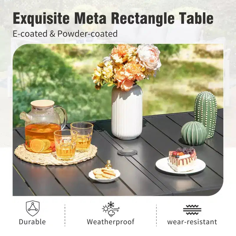 Captiva Designs 7pc Outdoor Patio Slat-top Dining Steel Table & Rattan Chairs with Removable Cushions