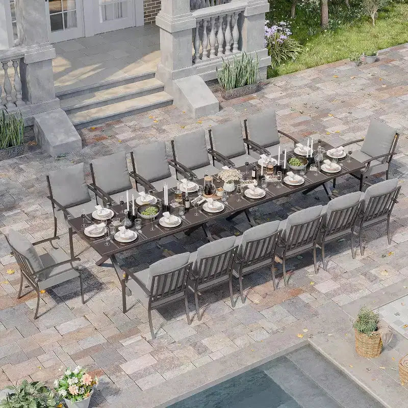 ALAULM 16 Piece Patio Dining Set Outdoor Furniture, Metal Patio Furniture Set 14 Fixed Chairs and 2 Large Tables with Umbrella for Garden