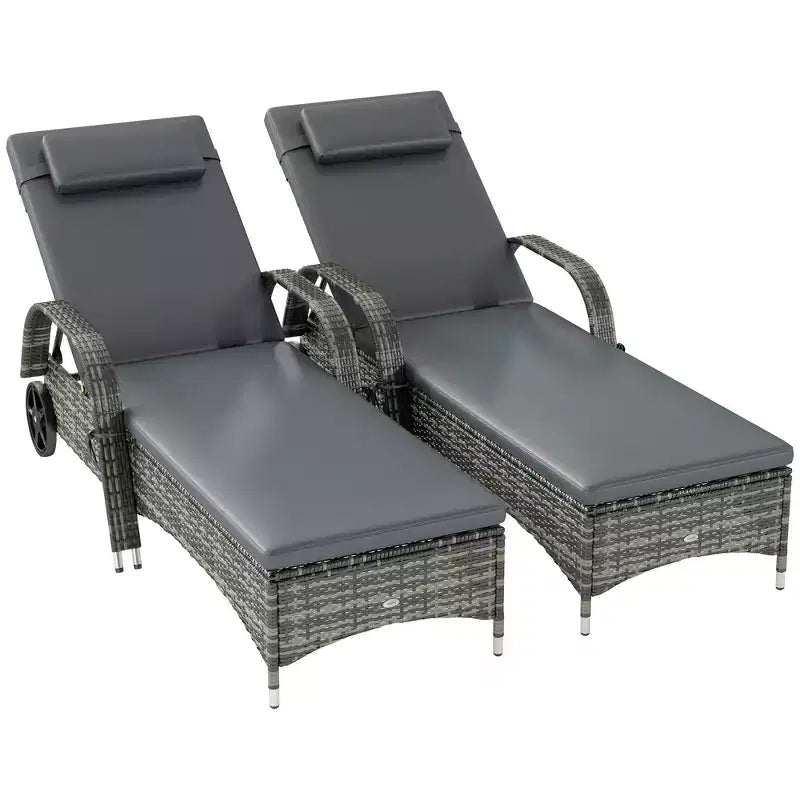 2 Reclining Chaise Lounge Chairs, Rolling Outdoor Chairs with Cushion, Pillow, Headrest, Armrests, and Wheels