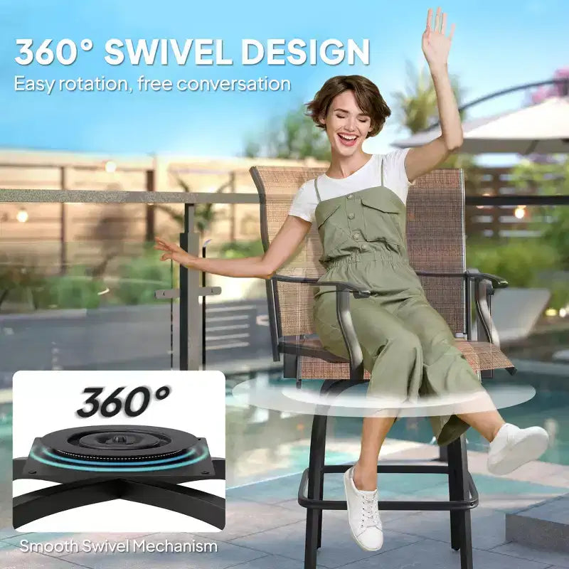 Set of 2 Outdoor Swivel Bar Stools with Armrests, Bar Height Patio Chairs with Steel Frame for Balcony, Poolside