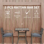 3 PCS Rattan Wicker Bar Set with Wood Grain Top Table and 2 Bar Stools for Outdoor, Patio, Poolside, Garden