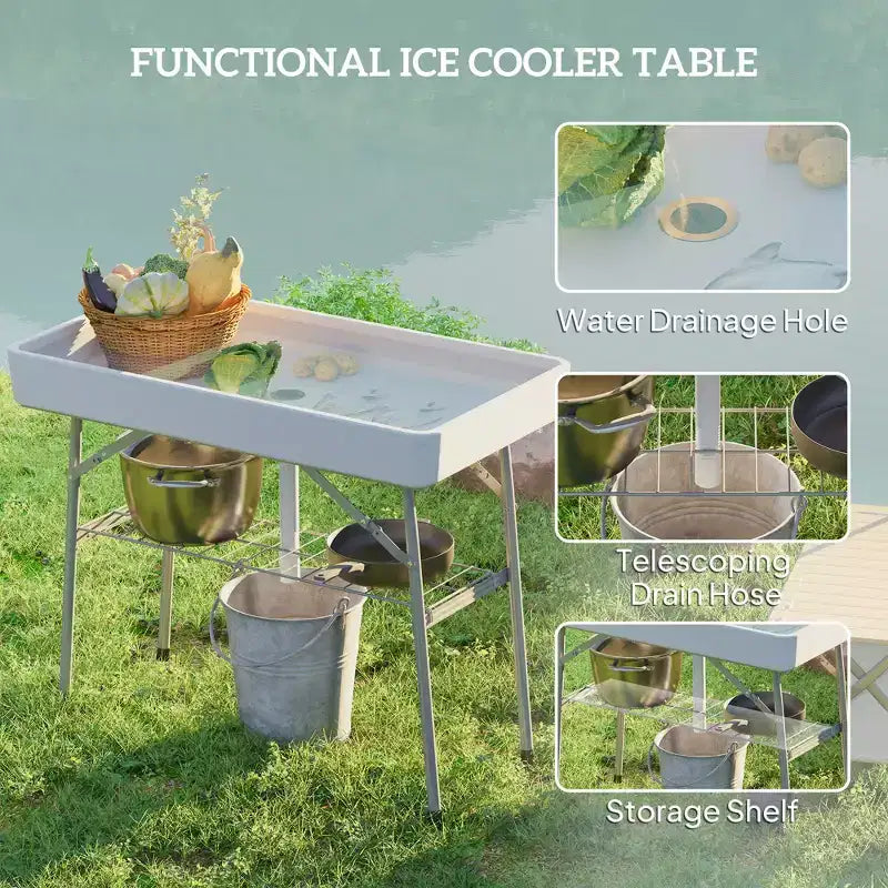 3.4ft Folding Ice Cooler Table with Drain, Fill and Chill Table Outdoor Table Cooler with Storage Shelf, Drink Cooler for Parties Picnic BBQ