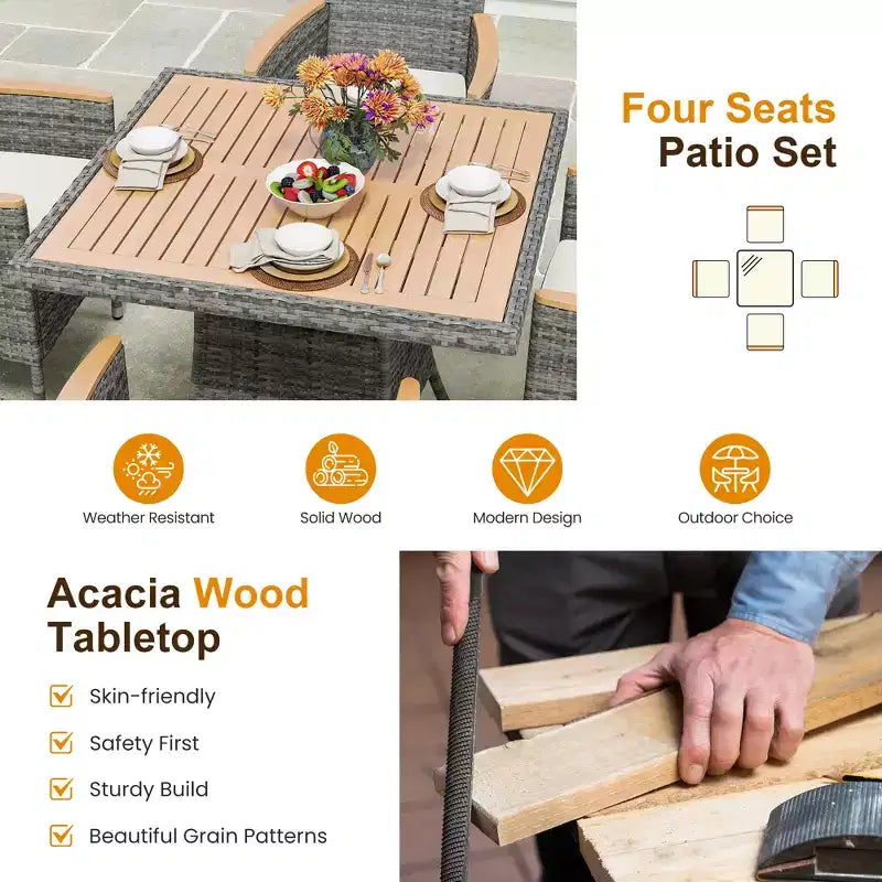 Salons de Jardin 4 Places, Table et Chaises d'Extérieur en Rotin Tout Temps avec Plateau en Bois d'Acacia