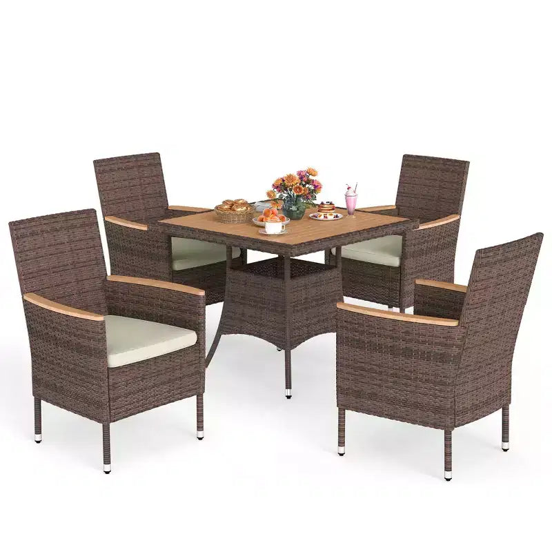 Salons de Jardin 4 Places, Table et Chaises d'Extérieur en Rotin Tout Temps avec Plateau en Bois d'Acacia