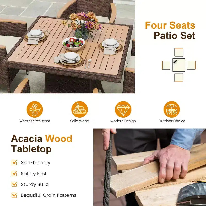 Salons de Jardin 4 Places, Table et Chaises d'Extérieur en Rotin Tout Temps avec Plateau en Bois d'Acacia