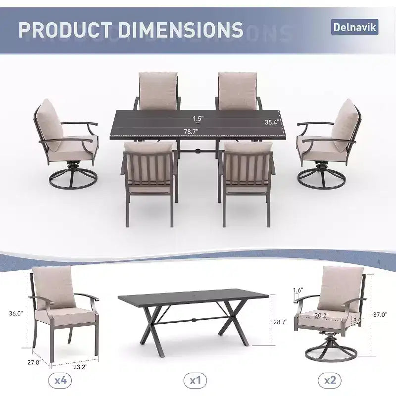 ALAULM Ensemble de Salle à Manger d'Extérieur 7 Pièces avec 2 Chaises Pivotantes et 4 Chaises Fixes, Mobilier de Jardin en Métal avec 6 Chaises et Grande Table avec Trou pour Parasol