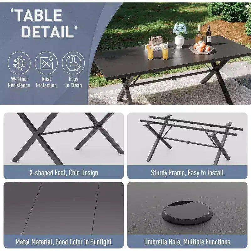 ALAULM Ensemble de Salle à Manger d'Extérieur 7 Pièces avec 2 Chaises Pivotantes et 4 Chaises Fixes, Mobilier de Jardin en Métal avec 6 Chaises et Grande Table avec Trou pour Parasol