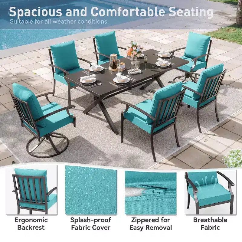 ALAULM Ensemble de Salle à Manger d'Extérieur 7 Pièces avec 2 Chaises Pivotantes et 4 Chaises Fixes, Mobilier de Jardin en Métal avec 6 Chaises et Grande Table avec Trou pour Parasol