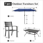Captiva Designs 8pc Patio Slat-top Dining Steel Table & Metal Chairs with Stripe Back & Market Umbrella