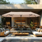 Captiva Designs 8pc Patio Slat-top Dining Steel Table & Metal Chairs with Stripe Back & Market Umbrella