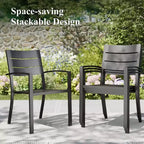 Captiva Designs 8pc Patio Slat-top Dining Steel Table & Metal Chairs with Stripe Back & Market Umbrella
