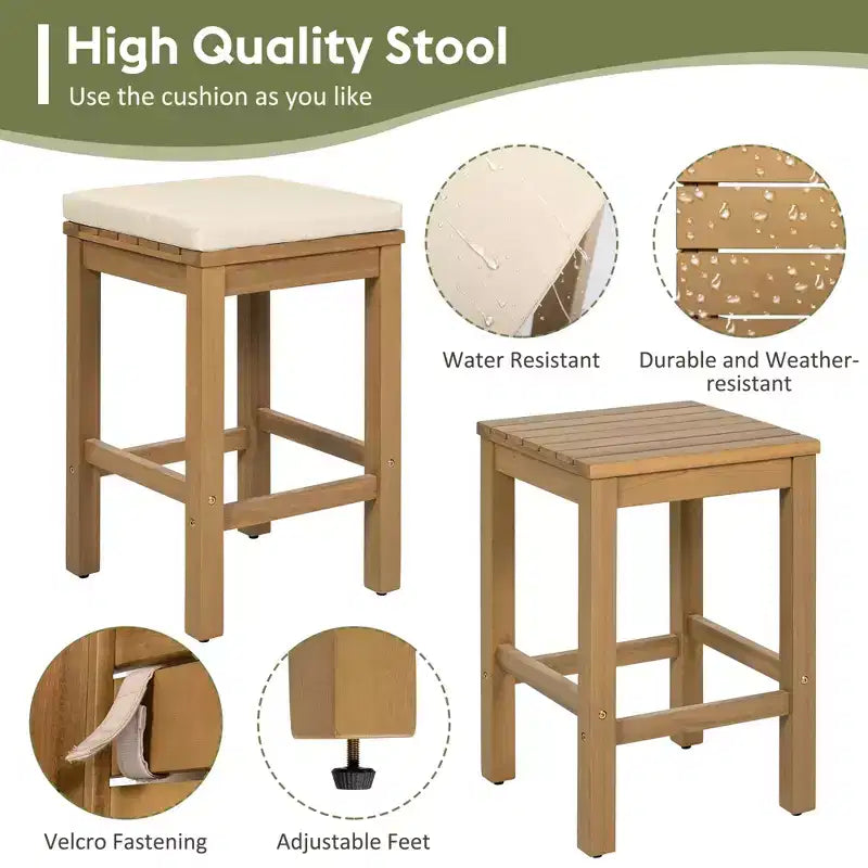 CLIHOME 5 Piece Outdoor Bar Set, Patio Acacia Wood Bar Height Table & Four Stools with Cushions, Wood Dining Bar Set