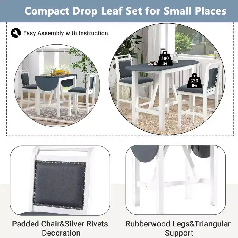 MAYEERTY 3-Piece Wood Counter Height Drop Leaf Dining Table Set, 2 Upholstered Chairs Small Space Table Set, White + Gray