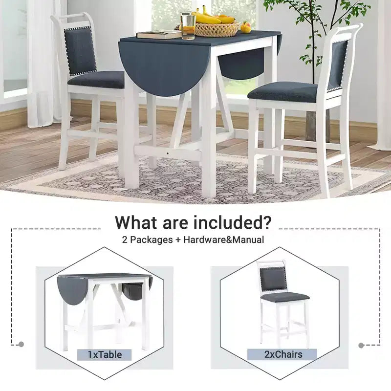 MAYEERTY 3-Piece Wood Counter Height Drop Leaf Dining Table Set, 2 Upholstered Chairs Small Space Table Set, White + Gray