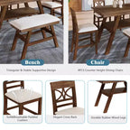 MAYEERTY 6-Piece Wood Counter Height Dining Table Set, Rustic Style with Storage Shelf, Bench & 4 Chairs, Walnut + Beige