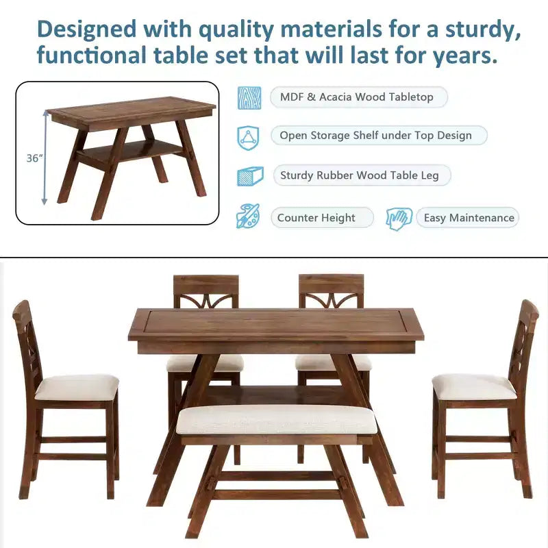 MAYEERTY 6-Piece Wood Counter Height Dining Table Set, Rustic Style with Storage Shelf, Bench & 4 Chairs, Walnut + Beige