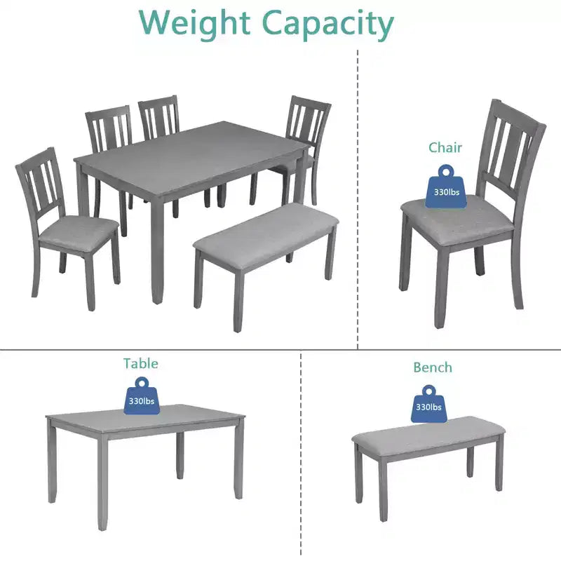 MAYEERTY 6-Piece Dining Set for 6, Wooden Rectangular Table + 4 Upholstered Chairs & Bench, Gray