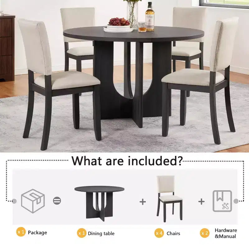 MAYEERTY 5-Piece 47.3 Modern Round Dining Set, 4 Upholstered Chairs, Antique Black & Beige