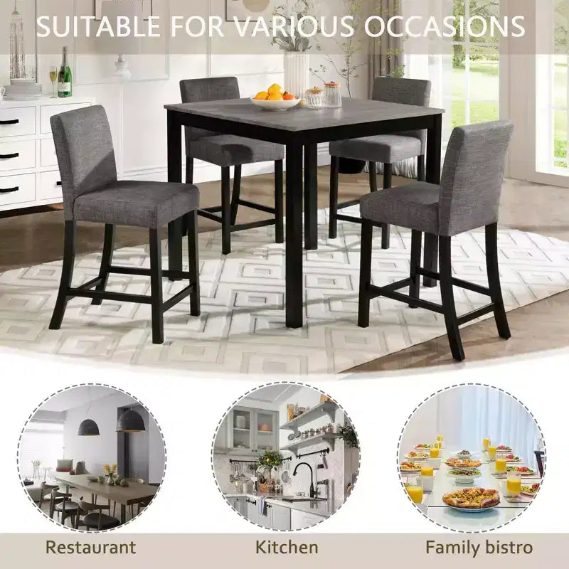 MAYEERTY 6-Piece Wooden Dining Set, 4 Chairs & Bench for 6, Light Grey & Black Two Tone