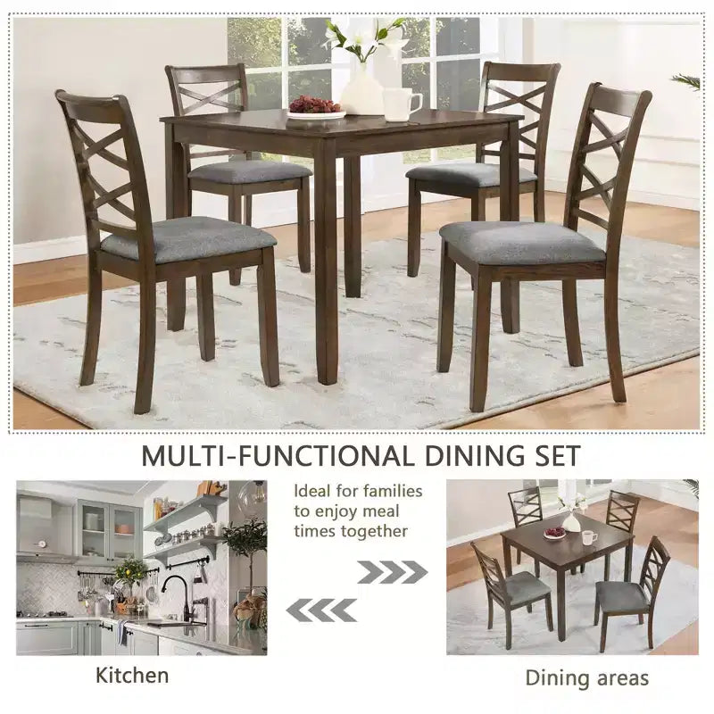 MAYEERTY 5-Piece Elegant Modern Dining Set, Wooden Table with 4 Chairs for 4, Walnut