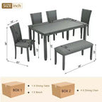 MAYEERTY 6-Piece Modern Dining Table Set, Wooden Table with 4 Chairs & Bench, Grey