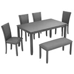 MAYEERTY 6-Piece Modern Dining Table Set, Wooden Table with 4 Chairs & Bench, Grey