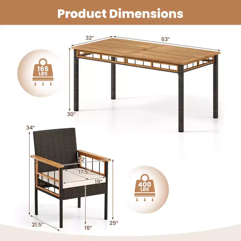 Costway 7 PCS PE Wicker Patio Dining Set with 1.97 Umbrella Hole, Cushions for Deck Garden Mix Brown