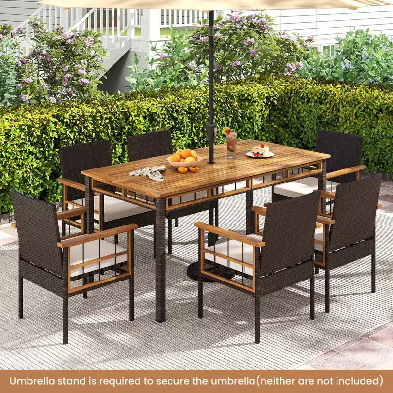 Costway 7 PCS PE Wicker Patio Dining Set with 1.97 Umbrella Hole, Cushions for Deck Garden Mix Brown