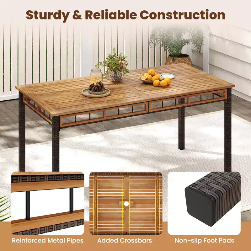 Costway 7 PCS PE Wicker Patio Dining Set with 1.97 Umbrella Hole, Cushions for Deck Garden Mix Brown