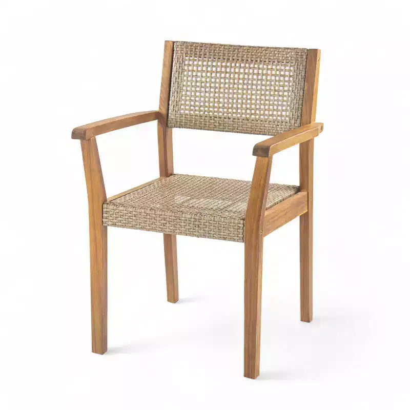 7PCS Outdoor Dining Set Patio Furniture Set with 6 Wicker Chairs & 1 Teak-Finish Dining Table, Acacia Wood Tabletop - ModernLuxe