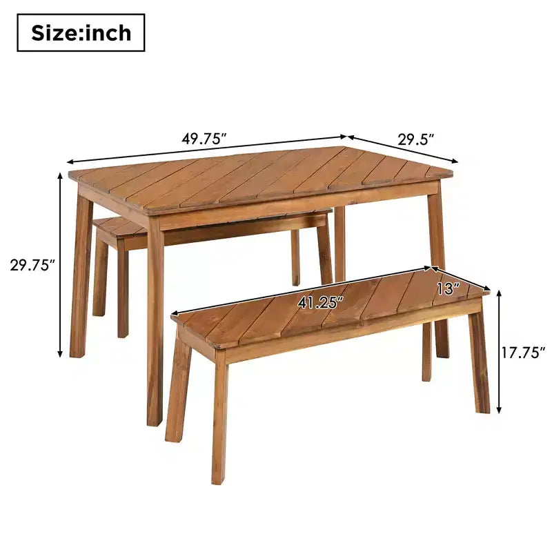 GDFStudio Lucas Patio Modern Acacia Wood 3-Piece Dining Table Set with Two Benches