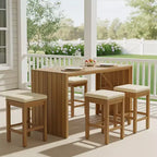 GDFStudio Mason Patio Modern Acacia Wood 5-Piece Bar Height Table Set with 4 Cushioned Stools