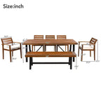 GDFStudio Murray Modern Farmhouse 7-Piece Acacia Wood Outdoor Dining Set with Table, Bench and Cushioned Chairs