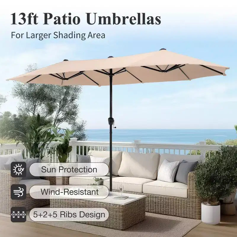 Captiva Designs 8pc Outdoor Rectangular Steel Dining Table & Black Steel Chairs & Market Umbrella