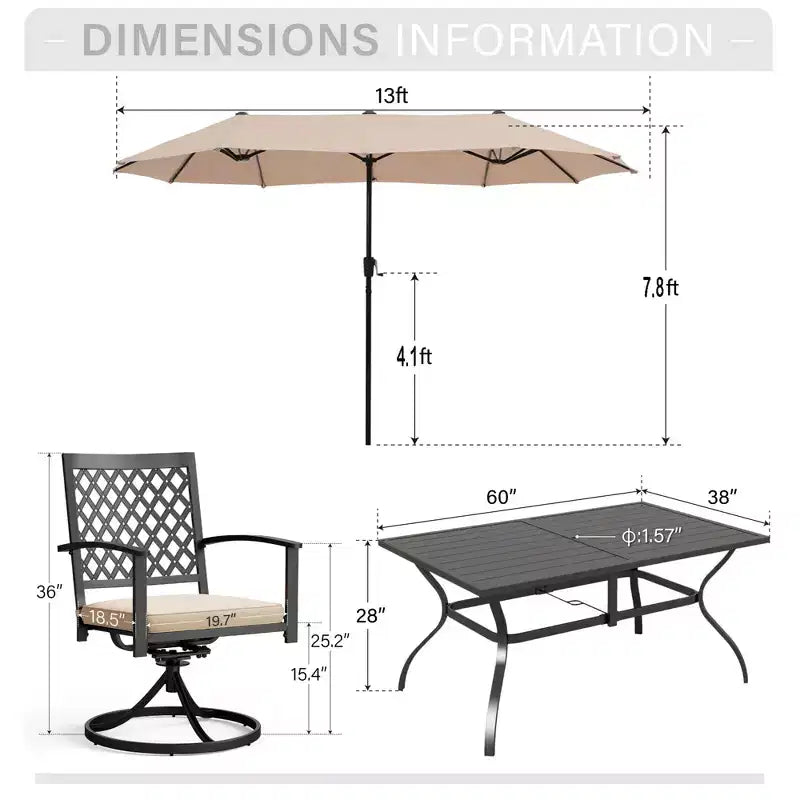 Captiva Designs 8pc Outdoor Rectangular Steel Dining Table & Black Steel Chairs & Market Umbrella