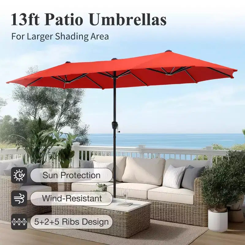 Captiva Designs 8pc Outdoor Rectangular Steel Dining Table & Black Steel Chairs & Market Umbrella