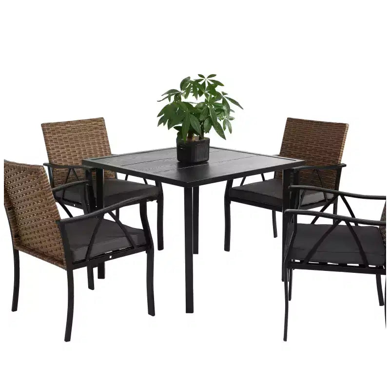 Whisen 5-Piece Wicker Outdoor Table and Chairs, Patio Dining Table and Chairs Set with Square steel Tabletop