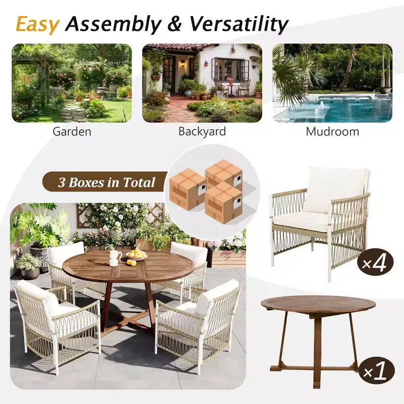 Whisen Weather Resistant 5-Piece Outdoor Dining Set Patio Round Extendable Dining Set with 4 Rattan Chairs