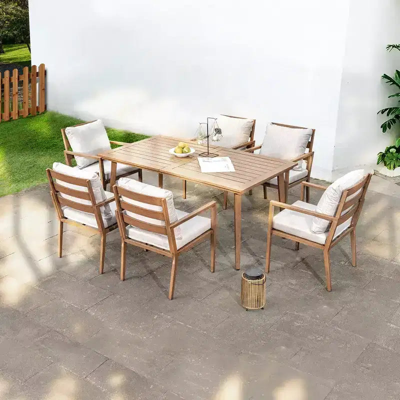 Ensemble de salle à manger d'extérieur HAPPATIO, ensemble de salle à manger de patio en aluminium avec finition peinte à la main imitation bois, montage facile pour l'arrière-cour, le jardin, le porche