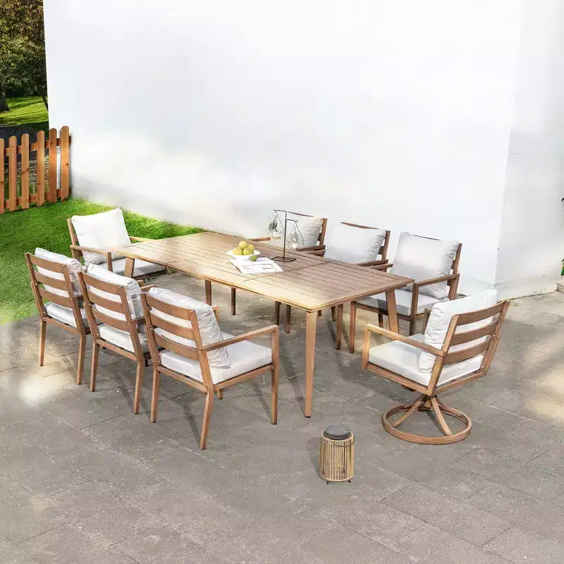 Ensemble de salle à manger d'extérieur HAPPATIO, ensemble de salle à manger de patio en aluminium avec finition peinte à la main imitation bois, montage facile pour l'arrière-cour, le jardin, le porche