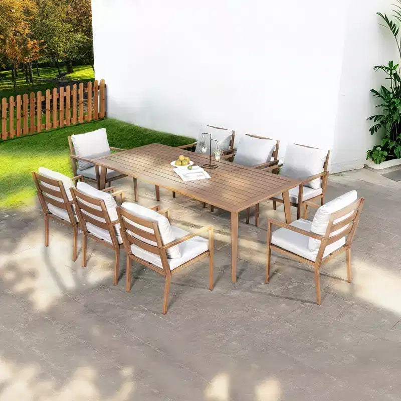 Ensemble de salle à manger d'extérieur HAPPATIO, ensemble de salle à manger de patio en aluminium avec finition peinte à la main imitation bois, montage facile pour l'arrière-cour, le jardin, le porche