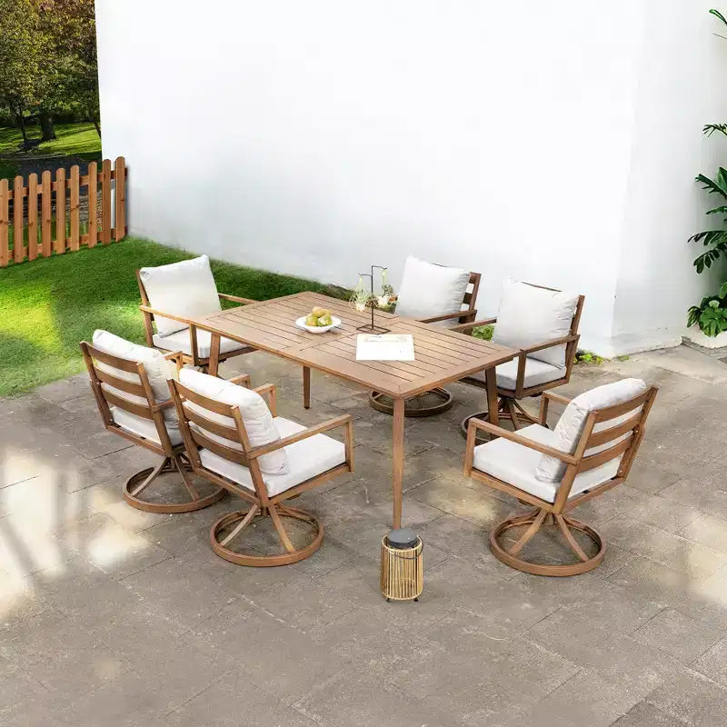 Ensemble de salle à manger d'extérieur HAPPATIO, ensemble de salle à manger de patio en aluminium avec finition peinte à la main imitation bois, montage facile pour l'arrière-cour, le jardin, le porche