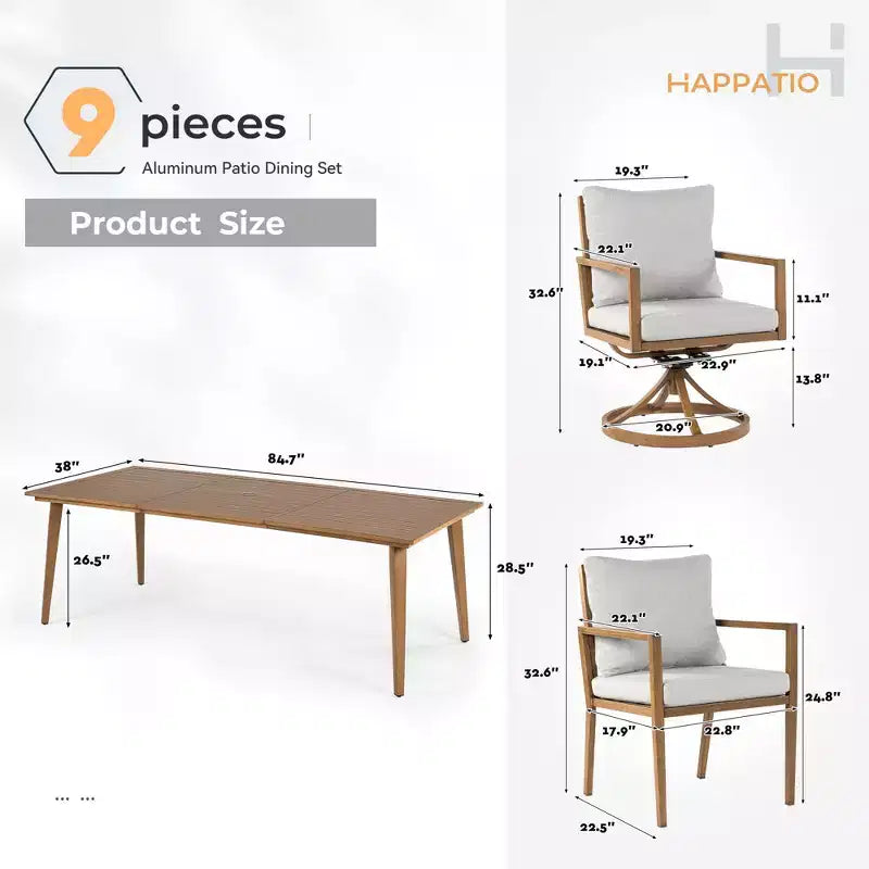 Ensemble de salle à manger d'extérieur HAPPATIO, ensemble de salle à manger de patio en aluminium avec finition peinte à la main imitation bois, montage facile pour l'arrière-cour, le jardin, le porche