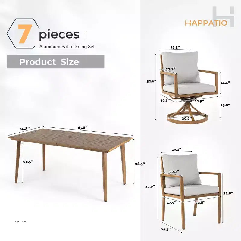 Ensemble de salle à manger d'extérieur HAPPATIO, ensemble de salle à manger de patio en aluminium avec finition peinte à la main imitation bois, montage facile pour l'arrière-cour, le jardin, le porche
