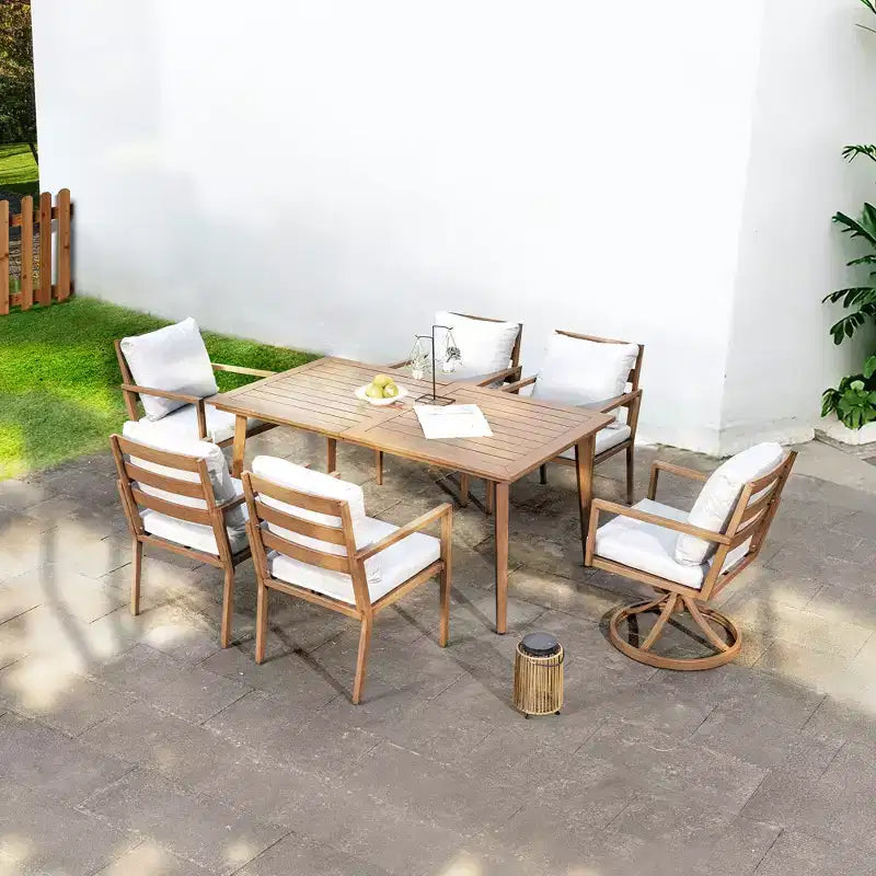 Ensemble de salle à manger d'extérieur HAPPATIO, ensemble de salle à manger de patio en aluminium avec finition peinte à la main imitation bois, montage facile pour l'arrière-cour, le jardin, le porche
