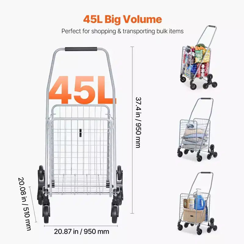 Carrello portaspesa pieghevole da 45 litri, con ruote girevoli a 360°, ruote a tre razze, leggero per lavanderia e viaggi, colore argento