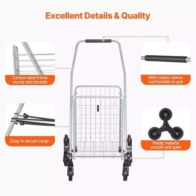 Carrello portaspesa pieghevole da 45 litri, con ruote girevoli a 360°, ruote a tre razze, leggero per lavanderia e viaggi, colore argento