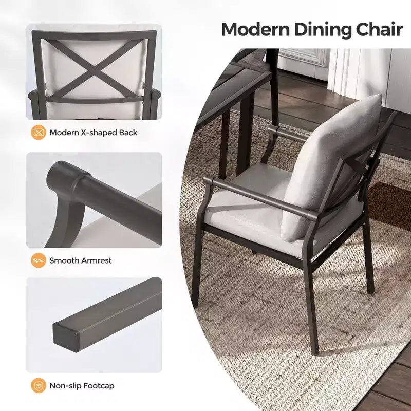 HAPPATIO Patio Dining Set, Outdoor Table and Chairs Set, Powder-Coated Metal Chairs with Cushions, Table with Umbrella Hole for Deck Backyard Lawn